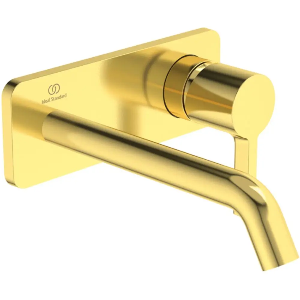 Wand-Waschtischarmatur aus Gold von Ideal Standard mit einer eckigen Rosette und einem Auslauf von 180 mm.